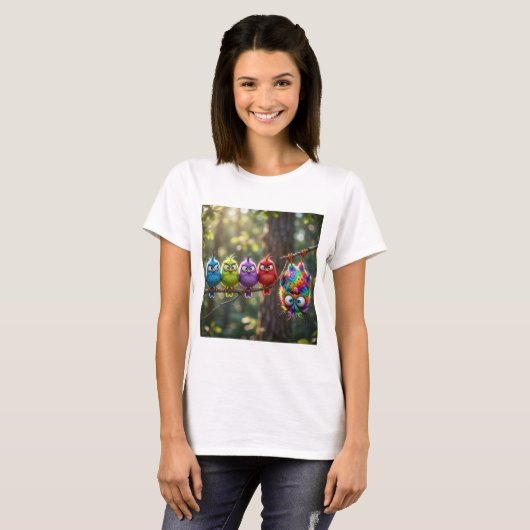 Kleurrijke Fluffy Vogeltjes T-shirt (Voorkant volledig)