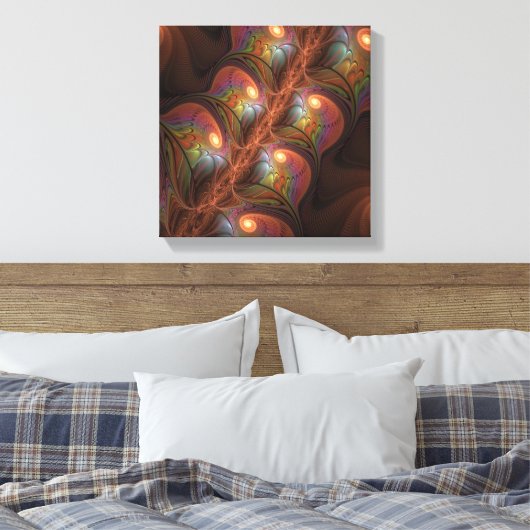 Kleurrijke Fluorescerende Abstracte Trippy Bruine Canvas Afdruk (Insitu (Slaapkamer))