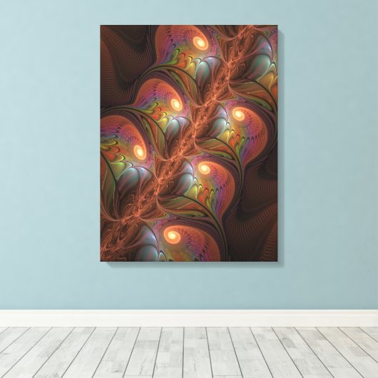 Kleurrijke Fluorescerende Abstracte Trippy Bruine  Canvas Afdruk (Insitu (Houten vloer))