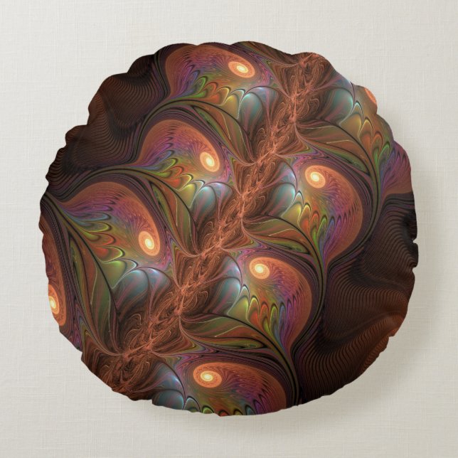 Kleurrijke Fluorescerende Abstracte Trippy Bruine  Rond Kussen (Voorkant)