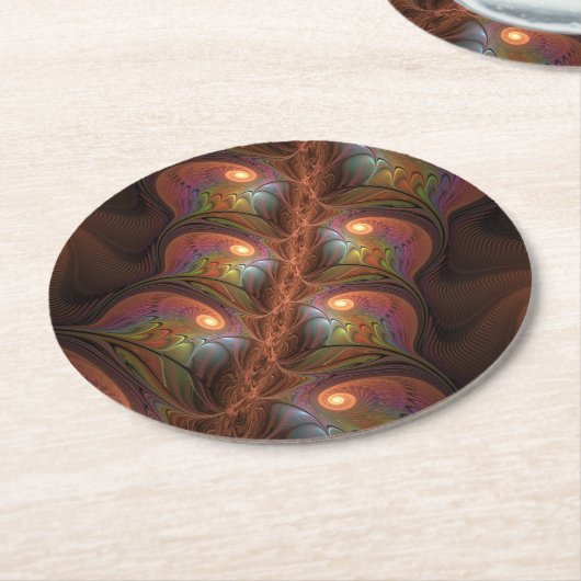 Kleurrijke Fluorescerende Abstracte Trippy Bruine  Ronde Kartonnen Onderzetter (Gebogen)