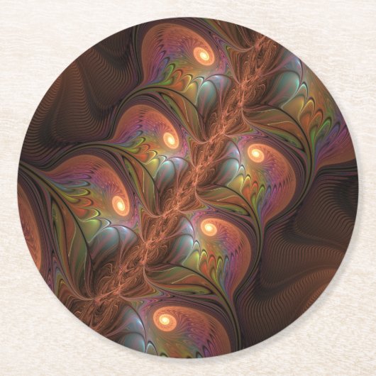 Kleurrijke Fluorescerende Abstracte Trippy Bruine Ronde Kartonnen Onderzetter (Voorkant)