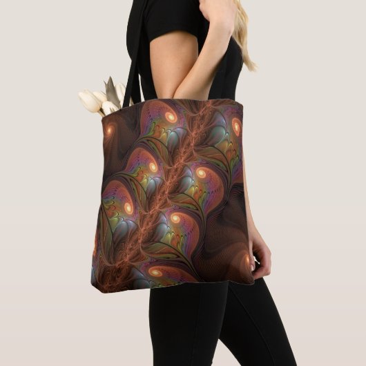 Kleurrijke Fluorescerende Abstracte Trippy Bruine Tote Bag (Dichtbij)