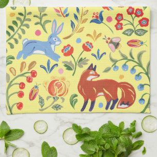Kleurrijke Folk Animal Woodland Floral Yellow Fies Theedoek