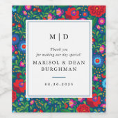 Kleurrijke Folk Art Borduurwerk Blauwe Bruiloft Wijn Etiket (Enkel label)