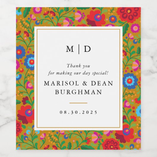 Kleurrijke Folk Art Borduurwerk Mosterd Bruiloft Wijn Etiket (Enkel label)