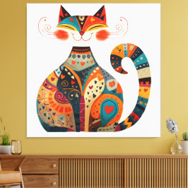 Kleurrijke Folk Art Cat Canvas Afdruk