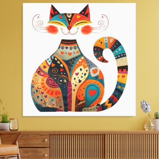Kleurrijke Folk Art Cat Canvas Afdruk (Insitu (Woonkamer))