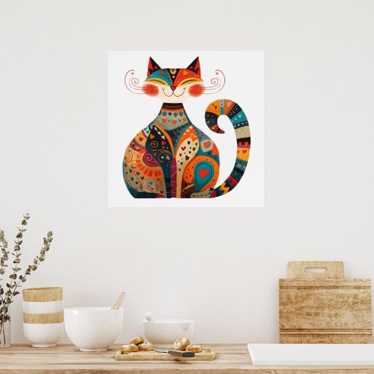 Kleurrijke Folk Art Cat Poster (Keuken)