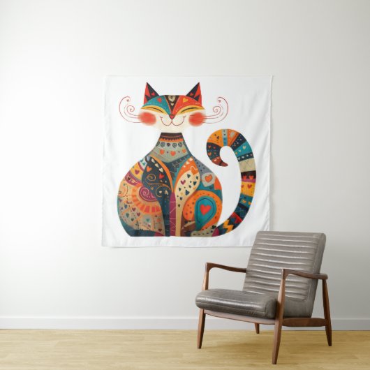 Kleurrijke Folk Art Cat Wandkleed (In situ)