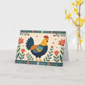 Kleurrijke Folk Art Chicken & Flower Border verjaa Kaart (Gele Bloem)