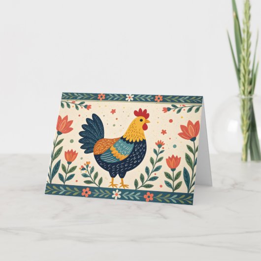 Kleurrijke Folk Art Chicken & Flower Border verjaa Kaart (Voorkant)