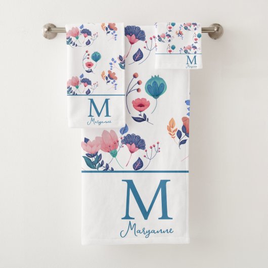 Kleurrijke Folk Art Flowers Monogram Initiaal Bad Handdoek (Insitu)