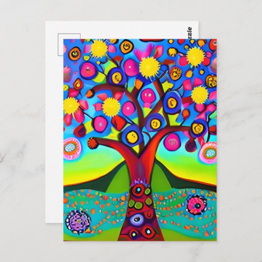 Kleurrijke Folk Art Style Tree | Aan jou denken Briefkaart (Voorkant / Achterkant)