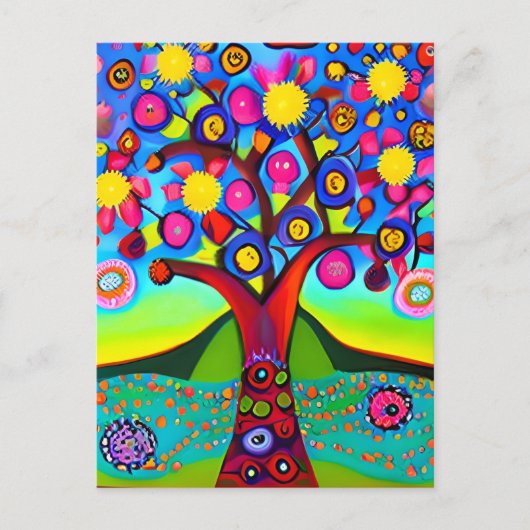 Kleurrijke Folk Art Style Tree | Aan jou denken Briefkaart (Voorkant)