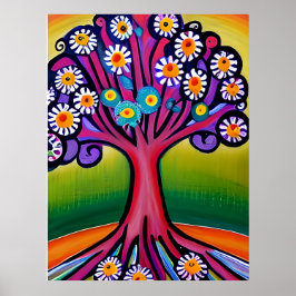 Kleurrijke Folk Art Style Whimsical Tree Poster
