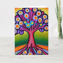 Kleurrijke Folk Art Style Whimsical Tree | Verjaar