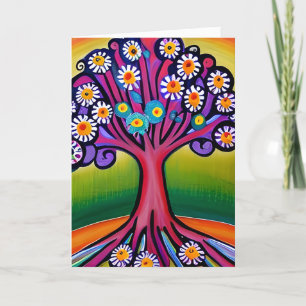 Kleurrijke Folk Art Style Whimsical Tree   Verjaar Kaart