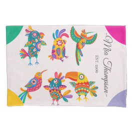 Kleurrijke folk art vogels met monogram Roze Groen Kussensloop