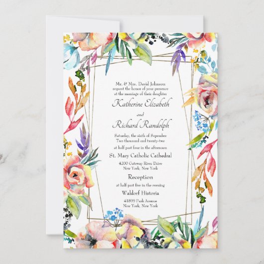 Kleurrijke Formele Levendige Bloemen Ouders Bruilo Kaart (Voorkant)