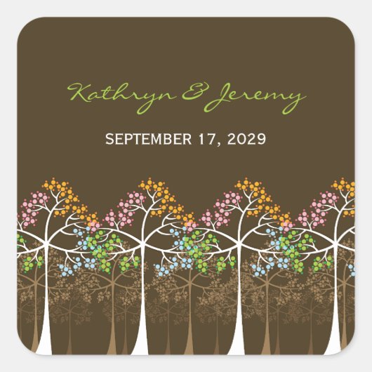 Kleurrijke Four Seasons Trees Modern Wedding Stick Vierkante Sticker (Voorkant)