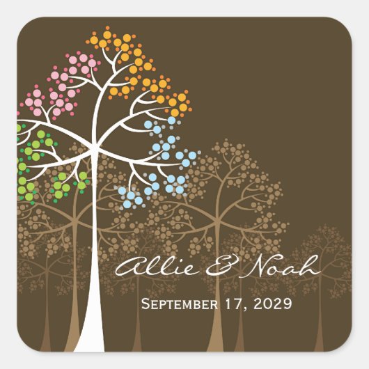 Kleurrijke Four Seasons Trees Modern Wedding Stick Vierkante Sticker (Voorkant)