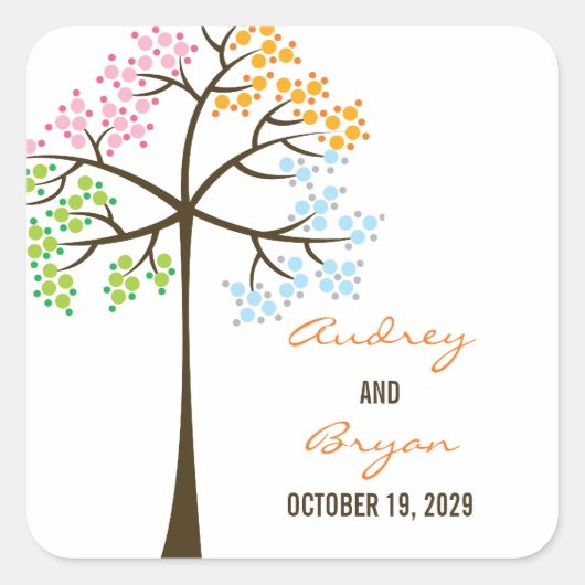 Kleurrijke Four Seasons Trees Modern Wedding Stick Vierkante Sticker (Voorkant)