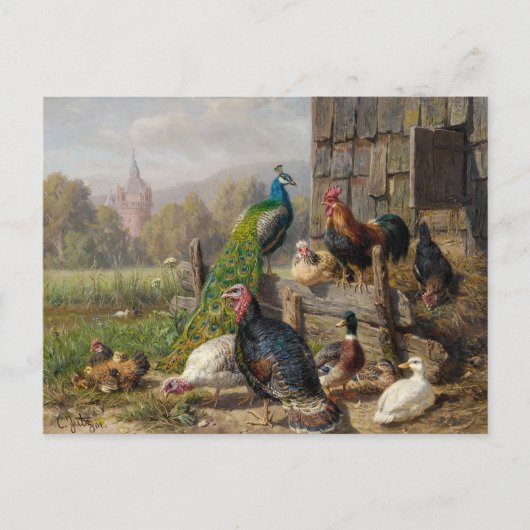 Kleurrijke Fowl Barnyard Carl Jutz Briefkaart (Voorkant)