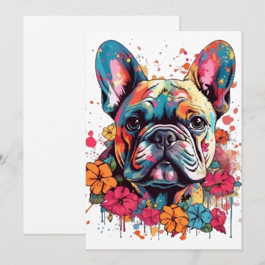 Kleurrijke Franse bulldog met bloemen Feestdagenkaart (Voorkant / Achterkant)