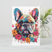 Kleurrijke Franse bulldog met bloemen Feestdagenkaart (Staand voorkant)