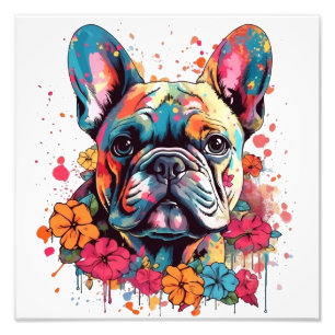 Kleurrijke Franse bulldog met bloemen Foto Afdruk