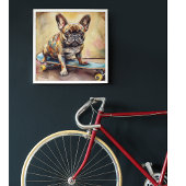 kleurrijke Franse Bulldog zittend op skateboard Poster