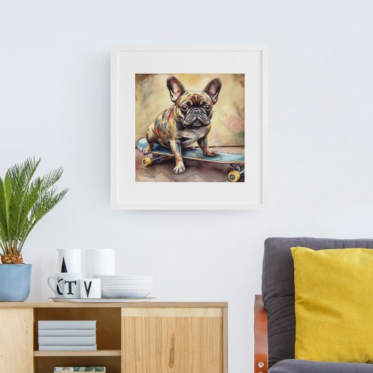 kleurrijke Franse Bulldog zittend op skateboard Poster