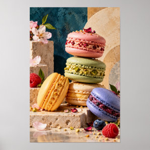 Kleurrijke Franse Macarons met Bloemen en Bessen Poster