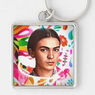 Kleurrijke Frida Kahlo Cartoon Bloemenpatroon Sleutelhanger