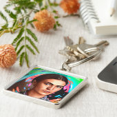 Kleurrijke Frida Kahlo Toon Portrait Paint Splatte Sleutelhanger (Zijkant)