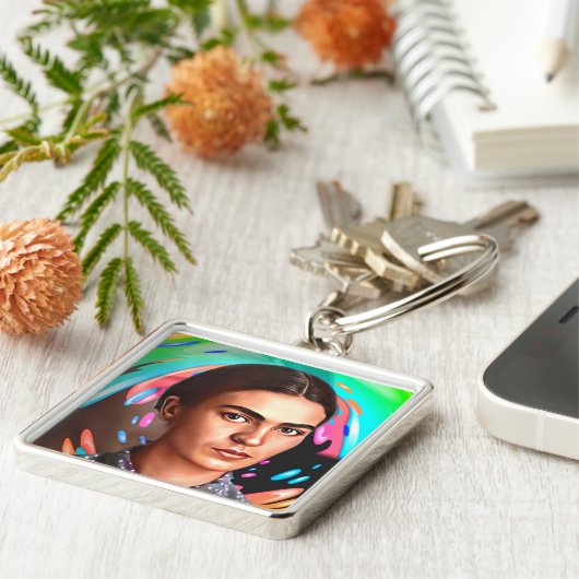 Kleurrijke Frida Kahlo Toon Portrait Paint Splatte Sleutelhanger (Zijkant)