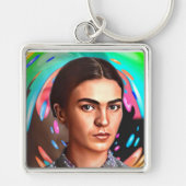 Kleurrijke Frida Kahlo Toon Portrait Paint Splatte Sleutelhanger (Voorkant)