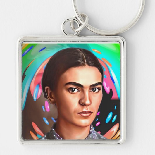 Kleurrijke Frida Kahlo Toon Portrait Paint Splatte Sleutelhanger (Voorkant)