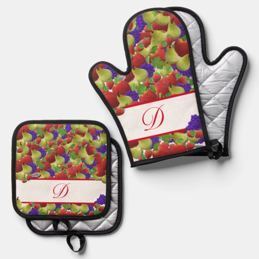Kleurrijke Fruit Monogram Polka-Dot Oven Mitt & Po Ovenwant & Pannenlap Set (Voorkant / Achterkant)