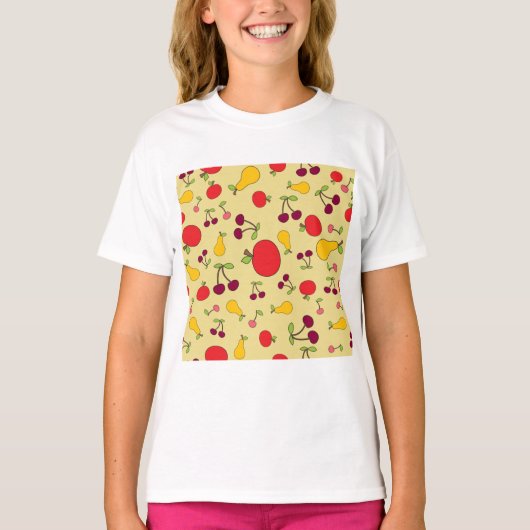 Kleurrijke Fruit Patroon Appels Kersen en Peren T-shirt (Voorkant)