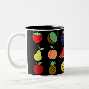 Kleurrijke fruitknobbelschets tweekleurige koffiemok