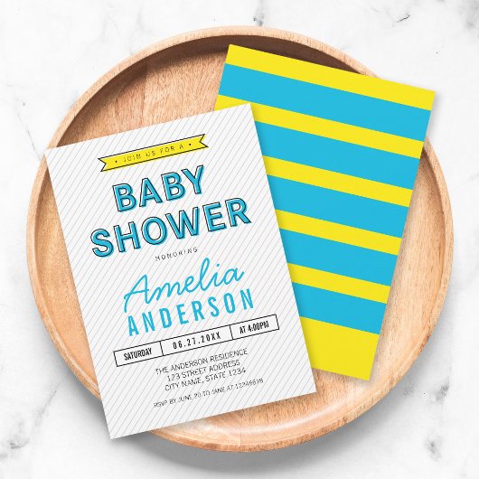 Kleurrijke Fun Blue en Yellow Modern Baby shower Kaart
