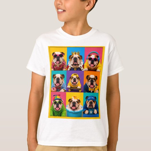 KLEURRIJKE FUN ENGELSE BULLDOGS T-SHIRT (Voorkant)