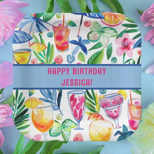 Kleurrijke Fun Summer Waterverf Tropical Birthday Papieren Bordje