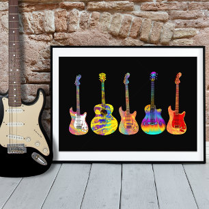 Kleurrijke Funky Guitar Art op Zwart Foto Afdruk