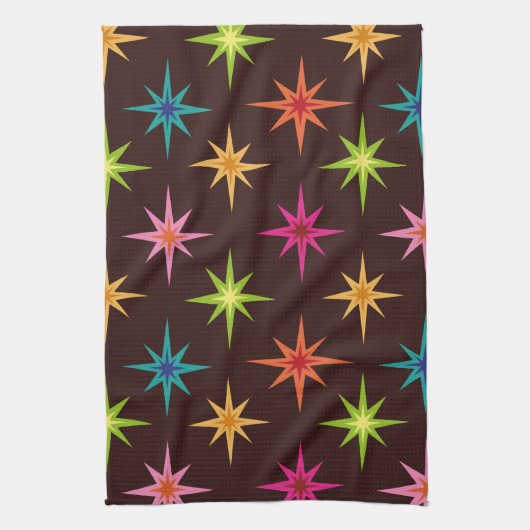 Kleurrijke Funky Mid Century Mod Atomic Starbursts Theedoek (Verticaal)
