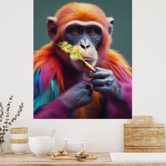Kleurrijke Funky Monkey met een sigaar Poster (Keuken)
