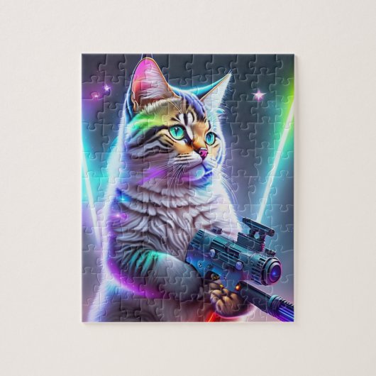 Kleurrijke Futuristische Cyberpunk Cat Met Laser P Legpuzzel (Verticaal)