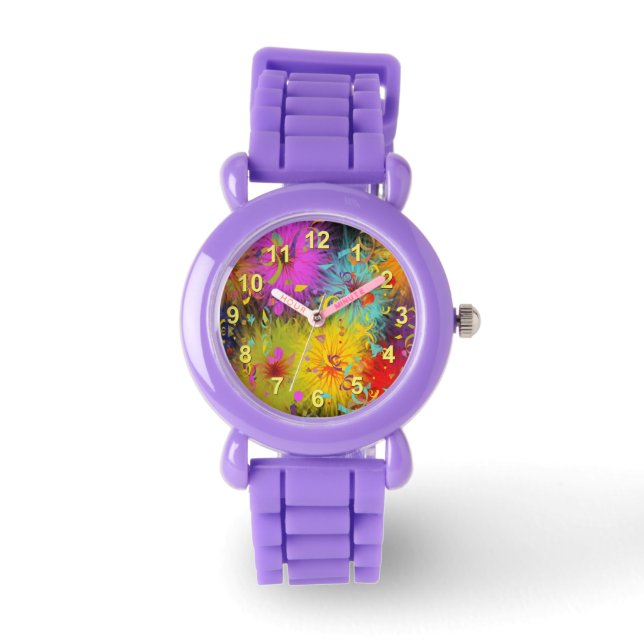 Kleurrijke Fuzzy Splat en Confetti Sjabloon Horloge (Voorkant)